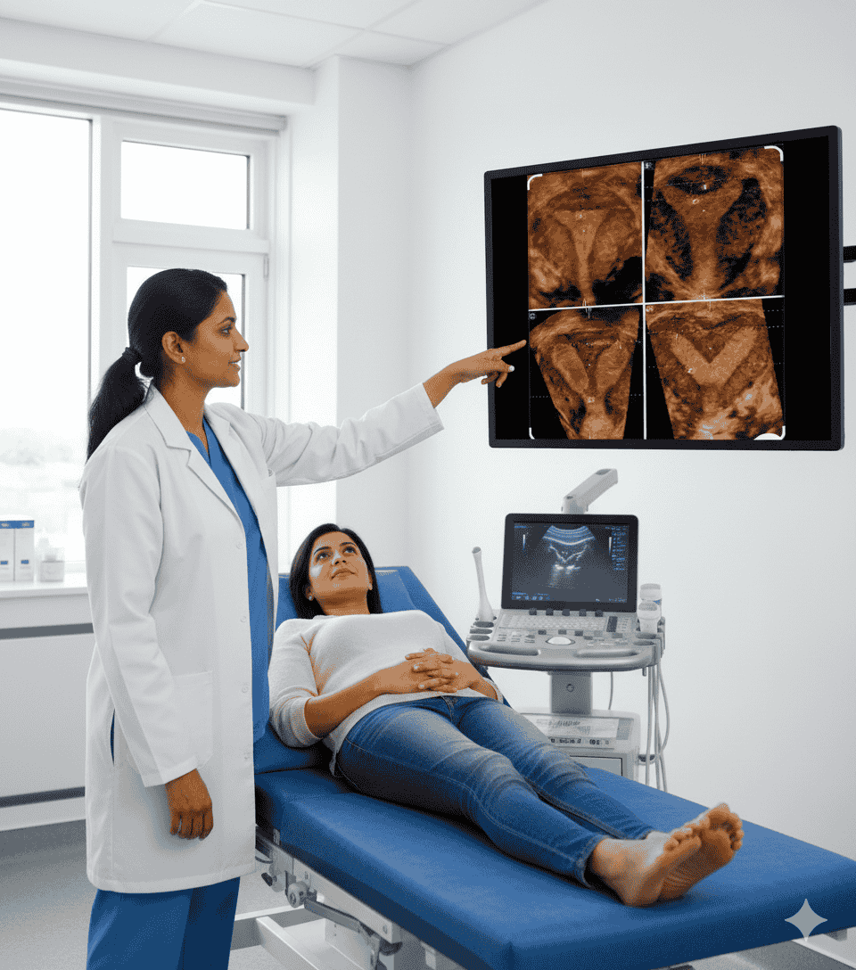 Pelvic ultrasound examination in medical setting